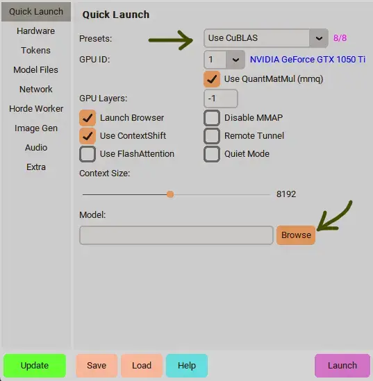 koboldcpp — Quick Launch, Browse model